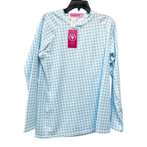 Berry Jane Women's Blue Gingham UPF 50 Long Sleeve Swim Rash Guard Size 2XL